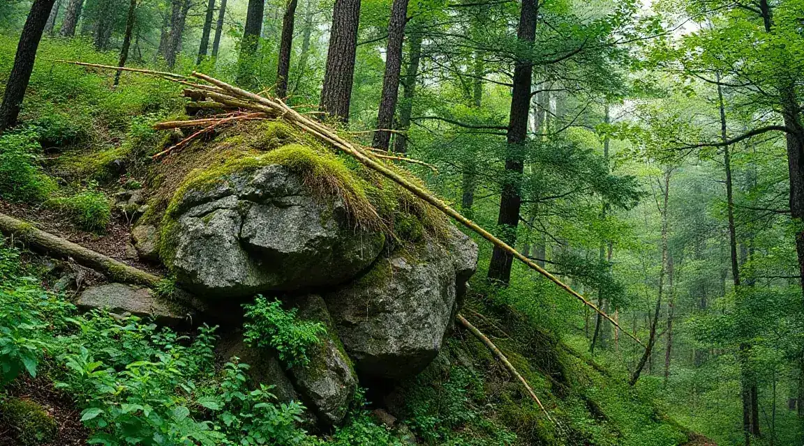 苔むした岩と木々が広がる緑深い森の斜面（イメージ写真）