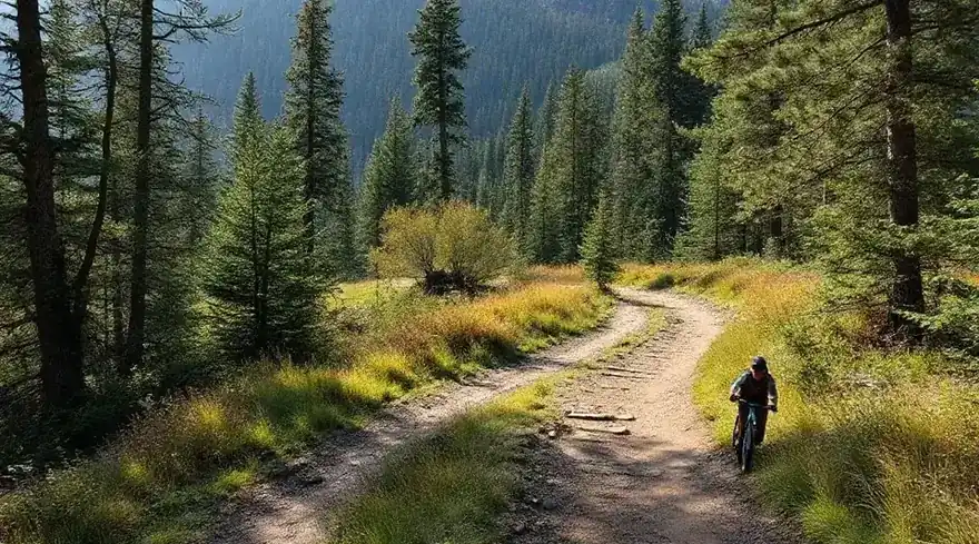 森の山道を自転車で進む人（イメージ写真）